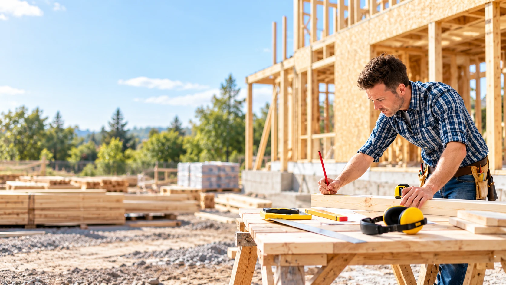 Contractor measuring timber