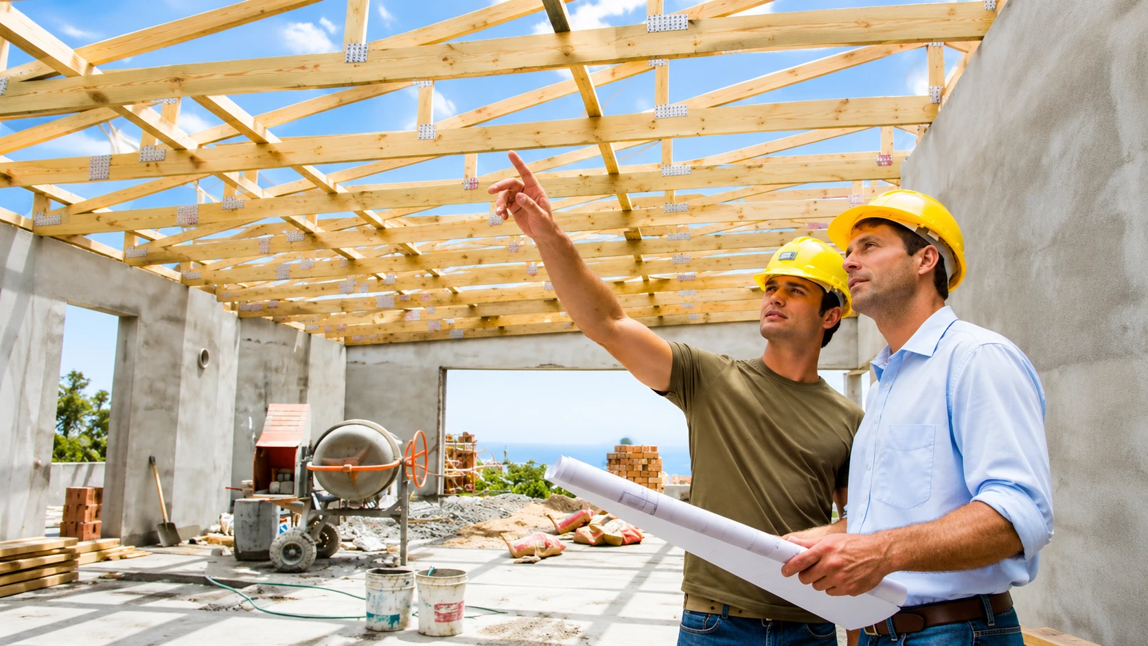 Builders inspecting timber roof framing