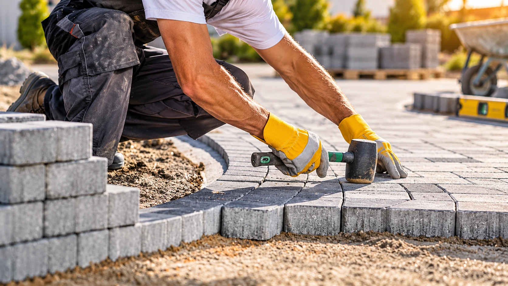 Worker installing stone pavers